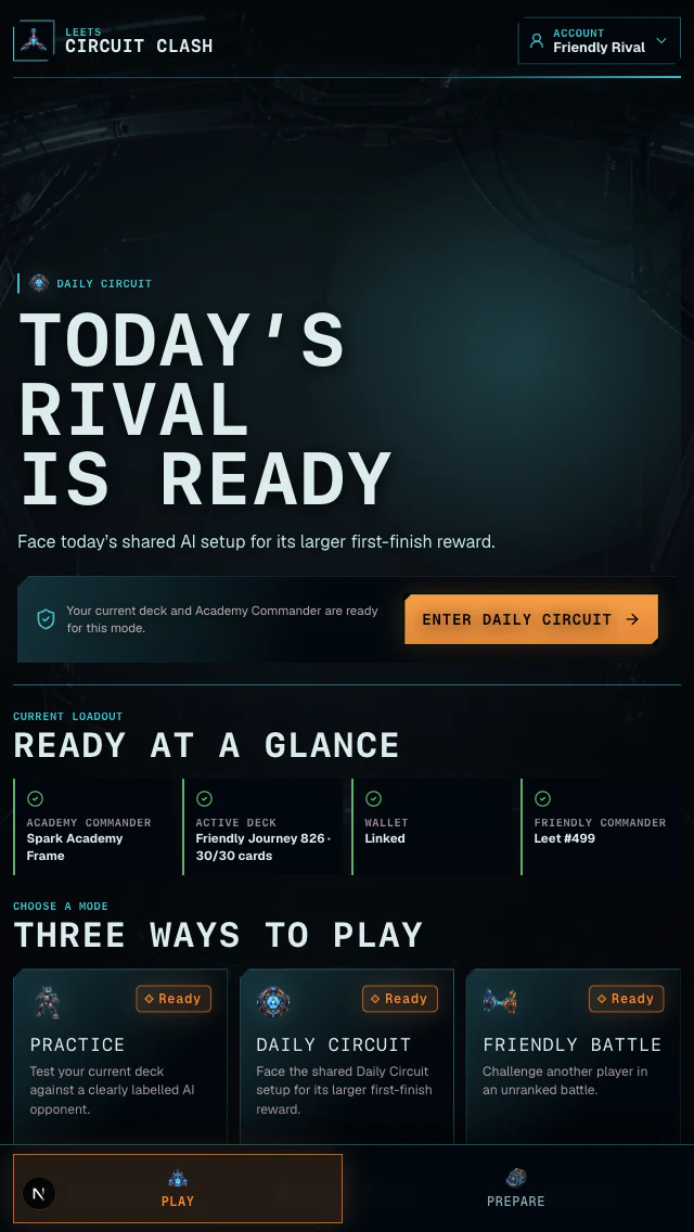 Play screen showing a ready deck, selected Friendly Commander, and Practice, Daily Circuit, and Friendly Battle