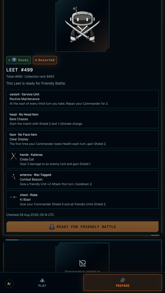 Prepare screen showing an owned Leet with artwork, abilities, Ready status, and Selected status