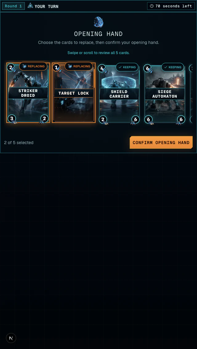 Opening hand screen with five cards, two marked Replacing, and a Confirm opening hand button