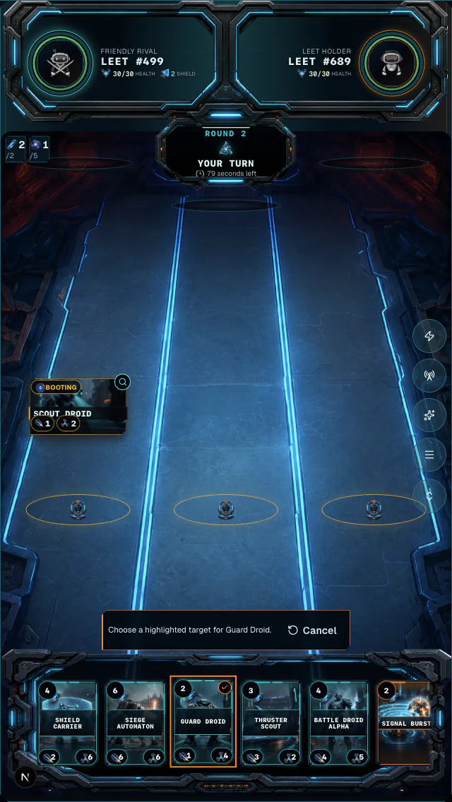 Three highlighted lane targets after a Unit card is selected