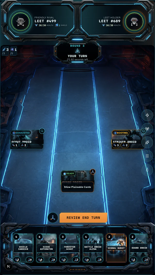 Battle overview with both Commander panels, three lanes, deployed Units, action controls, and the card hand