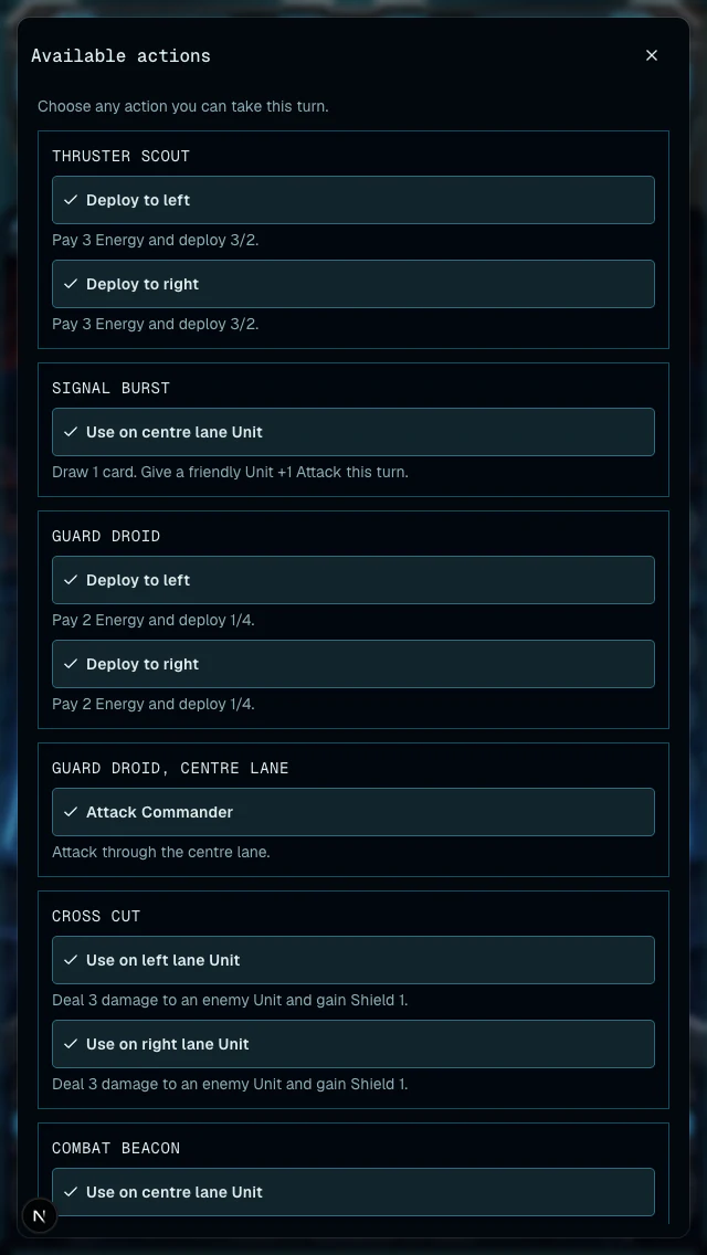 Available Actions dialog listing legal cards, attacks, abilities, and turn actions