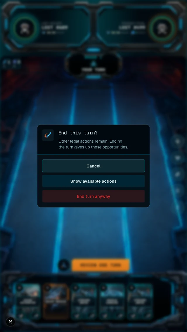 End turn warning with Cancel, Show available actions, and End turn anyway options