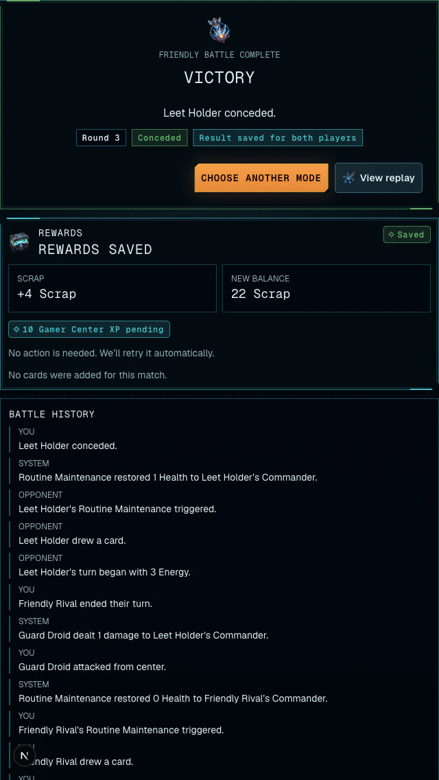 Friendly Victory result showing a concession, Round 3, Scrap reward, pending XP, History, and Choose another mode